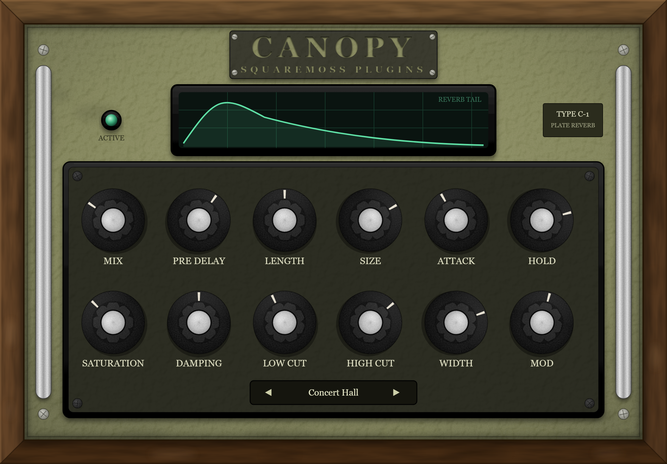 Canopy plate reverb — vintage olive faceplate in a walnut case